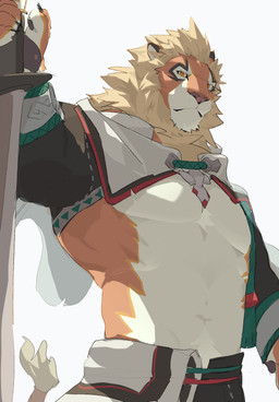 anthro body_hair cape chin_tuft clothing facial_tuft happy_trail looking_at_viewer low-angle_view male mane melee_weapon muscular muscular_anthro muscular_male navel orange_body pawpads pecs raised_arm simple_background solo standing sword tail tuft weapon white_background l0sskim cygames world_flipper magnos_(world_flipper) felid lion mammal pantherine hi_res