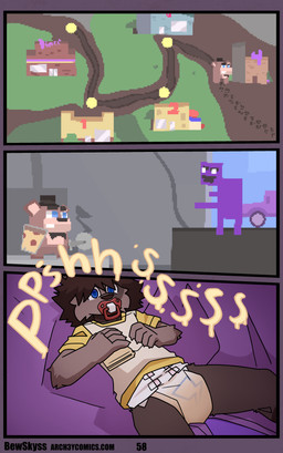 blue_eyes bodily_fluids building car clothed clothing coin diaper food gaming genital_fluids male object_in_mouth pacifier pacifier_in_mouth peeing pizza playing_video_game red_pacifier unclean_diaper urine used_diaper vehicle wearing_diaper wet_diaper bewskyss five_nights_at_freddy's five_nights_at_freddy's:_security_breach game_boy game_boy_family nintendo scottgames steel_wool_studios freddy_(fnaf) purple_guy_(fnaf) canid canine canis mammal absurd_res comic hi_res