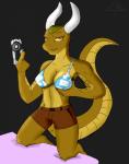 anthro bed bedding bikini bikini_top biped black_background bottomwear breasts brown_body brown_scales cleavage clothed clothing female furniture graphics_card kneeling looking_at_viewer nerd non-mammal_breasts scales shorts simple_background solo swimwear two-piece_swimsuit yellow_body yellow_scales carrus nvidia lizard reptile scalie hi_res