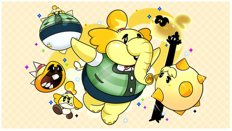 accessory alternate_species anthro armless barefoot black_body black_eyes black_fur black_sclera blonde_hair blue_bottomwear blue_clothing blue_skirt border bottomwear brown_body brown_fur button_(fastener) checkered checkered_background chubby_cheeks closed_frown clothed clothed_anthro clothed_female clothing fangs feet female feral frown fully_clothed fully_clothed_anthro fully_clothed_female fur green_clothing green_topwear green_vest hair hair_accessory hair_tie inflation light mouth_closed mouthless noseless open_mouth panties pattern_background pockets ponytail proboscis_(anatomy) red_bow red_hair_tie sharp_teeth shirt simple_background skirt solo sparkles spikes spikes_(anatomy) teeth topwear trunk_(anatomy) underwear vest white_border white_clothing white_panties white_shirt white_topwear white_underwear yellow_background yellow_body yellow_eyes yellow_skin cookieboy011 animal_crossing mario_bros nintendo super_mario_bros_wonder balloon_isabelle elephant_isabelle isabelle_(animal_crossing) spike-ball_isabelle wubba_isabelle elephant elephantid goomba hoppycat mammal proboscidean spike_ball_(mario) sproing_(mario) wubba 16:9 2024 colored digital_drawing_(artwork) digital_media_(artwork) english_description hi_res lighting shaded widescreen