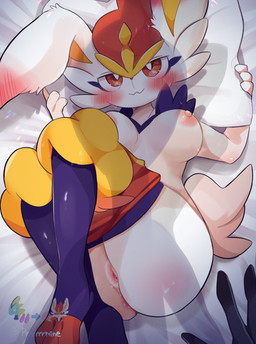 anthro areola blush bodily_fluids breasts butt female female_anthro fur genital_fluids genitals nipples pink_areola pink_nipples pink_vulva smile solo thick_thighs vulva white_body white_fur prrrrrrmine nintendo pokemon cinderace generation_8_pokemon lagomorph mammal pokemon_(species) absurd_res hi_res