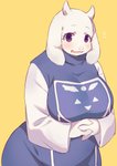 anthro big_breasts blush breasts clothing female floppy_ears front_view fur horn looking_at_viewer mature_anthro mature_female open_mouth open_smile purple_eyes simple_background smile solo standing white_body white_fur yellow_background sgsix undertale undertale_(series) toriel bovid caprine goat mammal 2020 half-length_portrait hi_res portrait