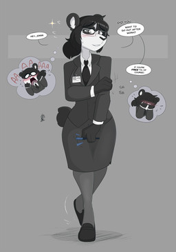 anthro black_bottomwear black_clothing black_hair black_jacket black_necktie black_skirt black_tie_(suit) black_topwear blazer blush bodily_fluids bottomwear clothed clothing eyewear fantasy female fingers footwear fur furgonomics glasses grey_background grey_eyes hair hand_on_hand internal_screaming jacket necktie pen screaming shirt shoes simple_background skirt solo standing suit sweat sweatdrop tail tail_through_skirt text topwear white_body white_clothing white_eyes white_fur white_shirt white_topwear writing_utensil kilinah bear giant_panda mammal 2021 character_request digital_media_(artwork) english_text hi_res signature