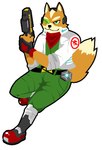 anthro bandanna belt_buckle boots buckle canid canine clothing digital_media_(artwork) electronics fingerless_gloves fluffy fluffy_tail footwear fox fox_mccloud fur gloves handwear headgear headphones headset jumpsuit kerchief laser_gun male mammal metal_boots microsoft_paint_(artwork) neckerchief nintendo orange_body orange_fur ranged_weapon red_kerchief red_neckerchief shoes simple_background sogflesh solo spacesuit star_fox tail true_fox weapon white_background