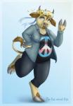 anthro barefoot biped blue_eyes breasts clothed clothing feet female hooves lgbt_pride looking_at_viewer multicolored_clothing multicolored_shirt multicolored_topwear peace_symbol pride_color_clothing pride_color_shirt pride_color_topwear pride_colors print_clothing shirt simple_background slightly_chubby smile solo symbol text topwear transgender_pride_colors visibly_trans thecatnamedfish bovid bovine cattle mammal 2018 absurd_res digital_media_(artwork) english_text hi_res