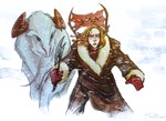 2_horns ambiguous_feral ambiguous_gender axe biped blizzard_(weather) blonde_hair brown_clothing brown_coat brown_topwear clothed clothed_female clothed_humanoid clothing coat curled_horn duo es fantasy female female_humanoid feral fur gloves hair handwear holding_axe holding_object horn humanoid_pointy_ears larger_ambiguous larger_feral light_body light_skin pointy_ears prick_ears quadruped red_clothing red_gloves red_handwear simple_background size_difference smaller_female smaller_humanoid snow snowing text topwear whiskers white_background white_body white_fur white_whiskers cinemamind mythology dragon elf furred_dragon furred_scalie humanoid mammal mythological_creature mythological_scalie scalie 2013 colored unknown_text