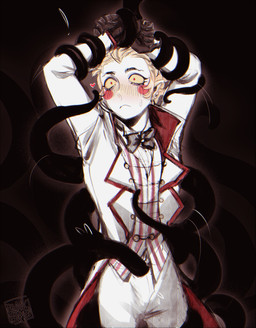 blonde_hair blush bodily_fluids bulge clothed clothing frown hair heart_symbol humanoid_pointy_ears male not_furry pointy_ears solo suit sweat tentacles topwear white_body white_skin wide_eyed blackberreh hazbin_hotel hellaverse lucifer_(hazbin_hotel) humanoid mammal tentacle_creature absurd_res digital_media_(artwork) hi_res
