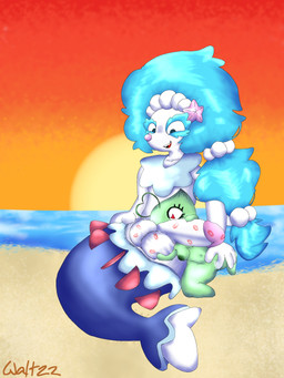 antennae_(anatomy) anthro ball_grab balls beach blue_eyes blue_hair bodily_fluids breasts decoration detailed_background duo female feral fish_tail gem genitals green_body hair hands_on_pussy heart_eyes heart_symbol kiss_mark kissing legless lipstick_on_balls lipstick_on_penis love lying_on_ground lying_on_sand male male/female nipples on_ground pearl_(gem) penis penis_grab penis_kissing plant sand sea shortstack size_difference sky smile sun sunset touching_pussy vulva water white_body waltz_katt nintendo pokemon celebi elemental_creature flora_fauna generation_2_pokemon generation_7_pokemon humanoid lagomorph legendary_pokemon mammal pokemon_(species) primarina 2025 3:4 colored digital_drawing_(artwork) digital_media_(artwork) hi_res signature