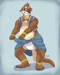5_fingers 5_toes anklet anthro blue_background blue_eyes blush bracelet brown_body brown_fur clean_diaper clothed clothing clothing_lift collar diaper embarrassed feet fingers fur gold_(metal) gold_anklet gold_bracelet gold_collar gold_jewelry harem harem_outfit incontinence jewelry loincloth_lift male metal_collar pattern_background raised_clothing simple_background slightly_chubby solo toes topwear vest wearing_diaper terribad 2016 signature