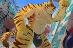 anthro bulge clothed clothing male muscular muscular_anthro muscular_male nipples shower speedo striped_body stripes swimwear topless wet kunn_(artist) morenatsu juuichi_mikazuki torahiko_(morenatsu) bear felid mammal pantherine tiger 2021