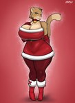 anthro bell bell_collar belt big_breasts boots breasts brown_body brown_fur christmas_clothing christmas_dress cleavage clothed clothing collar dipstick_tail dress ear_piercing female footwear fur high_heeled_boots high_heels holidays huge_breasts markings navel_outline piercing red_clothing red_dress santa_dress shoes simple_background smile solo tail tail_markings tan_body tan_fur thick_thighs waist_belt wide_hips akibarx christmas jasmine_(akibarx) felid feline lion mammal pantherine absurd_res hi_res