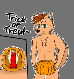 animal_genitalia animal_penis anthro bodily_fluids brown_hair canine_genitalia canine_penis cum cum_in_pumpkin cum_on_penis cum_string erection food fruit genital_fluids genitals hair heterochromia holidays knot knotted_penis looking_at_viewer male penis plant pumpkin pumpkin_fucking simple_background smile smiling_at_viewer smirk smirking_at_viewer solo thick_outline trick-or-treating dafurs halloween canid canine mammal absurd_res hi_res