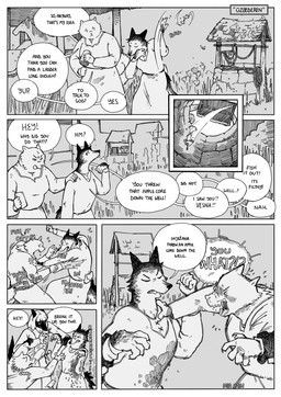 angry anthro apple argument arm_grab blep bucket clothed clothed_anthro clothed_female clothed_male clothing container cup dialogue eyes_closed female fight food fruit fully_clothed fully_clothed_anthro fully_clothed_female fully_clothed_male fur grass group hair hand_on_another hand_on_shoulder holding_container holding_cup holding_object littering male medieval melee_weapon plant pointy_ears prick_ears rope snarling speech_bubble spilling_drink sword tail teeth text tongue tongue_out trio weapon mia_cain snjeza vesna_(mia_cain) volkher_hackenperger ambient_horse canid canine canis dobermann domestic_dog mammal pinscher wolf absurd_res artist_name comic english_text hatching_(art) hi_res shaded