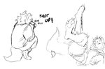 anthro be_quiet command duo falling laugh male motion_lines movement paws profanity text vocalization terryskaii_(artist) canid canine canis mammal wolf english_text hi_res monochrome sketch