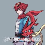 anthro belt clothing duo eyewear gloves goggles hair handwear male red_body red_hair scarf smile smirk fulljuan_9602 bandai_namco digimon digimon_story:_time_stranger digimon_(species) human mammal scalie shoutmon 1:1 hi_res