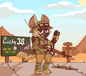 anthro bayonet billboard brown_body brown_fur brown_hair clothing desert electronics fur gun hair holding_gun holding_object holding_ranged_weapon holding_weapon knife looking_at_viewer male military_uniform ncr_soldier new_california_republic outside radio ranged_weapon service_rifle_(fallout) solo text uniform uniformed_male weapon mocho4266 bethesda_game_studios fallout microsoft ryan_(dokapi) canid canine canis domestic_dog german_shepherd herding_dog mammal pastoral_dog english_description english_text hi_res
