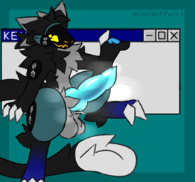 4_ears animal_genitalia animal_penis anthro armor balls big_penis biped black_body black_fur blue_pawpads blue_penis canine_genitalia canine_penis claws crotch_tuft erection fluffy fluffy_balls fluffy_tail fur genitals glistening glistening_genitalia glistening_penis grabbing_object gradient_fur green_armor green_background grey_balls grey_body grey_fur head_tuft knot knotted_penis loading long_tail looking_at_viewer looking_up machine male markings multi_ear multicolored_body multicolored_fur musk musky_penis neck_tuft pawpads paws penis screen screen_face simple_background sitting smug_face solo symbol_eye tail text tuft underbelly warning_symbol white_claws white_markings window_(computing) yellow_eyes midnightpurrs microsoft microsoft_windows windows_95 keygen_(midnightpurrs) protogen artist_name hi_res