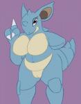 anthro anthrofied big_breasts biped blue_body blue_skin breasts claws eyelashes featureless_breasts female generation_1_pokemon genitals grey_eyes half-closed_eyes heart_symbol hi_res huge_breasts looking_at_viewer mammal narrowed_eyes navel nidoqueen nintendo non-mammal_breasts nude pokemon pokemon_(species) posexe pussy scalie seductive simple_background slightly_chubby smile solo standing