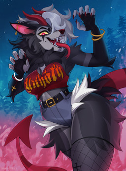 5_fingers anthro biped bottomwear breasts claws clothed clothed_anthro clothed_female clothing cloud female finger_claws fingers forest front_view fully_clothed fully_clothed_anthro fully_clothed_female fur grey_body grey_fur hair horn legwear night outside pants plant red_eyes red_horn red_tail sky solo standing star tail thigh_highs topwear tree white_hair yellow_sclera sorafoxyteils mythology canid canid_demon canine demon hellhound mammal mythological_canine mythological_creature 2025 digital_drawing_(artwork) digital_media_(artwork) hi_res