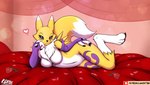 bed breasts female flower furniture looking_at_viewer plant rose_(flower) solo kgh786 lamont786 bandai_namco digimon canid canine digimon_(species) mammal renamon hi_res wallpaper