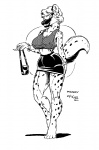 anthro bare_shoulders barefoot big_breasts biped bottomwear breasts clothed clothing erect_nipples feet female grin hair midriff nipples purse short_hair simple_background skirt smile solo standing tail white_background kencougr wendy hyena mammal spotted_hyena 1992 black_and_white monochrome