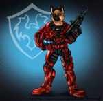 abstract_background anthro armor black_nose blue_eyes brown_body brown_fur clothed clothing front_view fur glistening glistening_eyes gun headgear helmet holding_armor holding_gun holding_headgear holding_helmet holding_object holding_ranged_weapon holding_weapon male mouth_closed ranged_weapon red_armor solo standing tan_body tan_fur weapon yaoifairy canid mammal full-length_portrait hi_res portrait