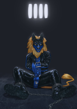 animal_genitalia anthro balls bdsm black_nose blue_penis bodysuit bondage bound chain clothed clothing cuff_(restraint) erection fur genitals gimp_suit knot latex lock looking_at_viewer male mane mask open_mouth penis restraints shackles skinsuit solo spreading straitjacket submissive submissive_male teeth tight_clothing deusexmoose felid lion mammal pantherine 2016 digital_media_(artwork) digital_painting_(artwork) painting_(artwork)