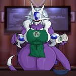 apron apron_only big_breasts breasts cleavage clothed clothing container crossgender cup female holding_container holding_cup holding_object mouthplate mtf_crossgender natural_armor not_furry solo thick_thighs wide_hips methados dragon_ball dragon_ball_z starbucks cooler_(dragon_ball) alien absurd_res hi_res