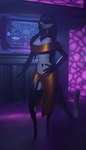 3d_(artwork) 4:7 absurd_res anthro blender_(artwork) blender_cycles blowing canid canine canis clothing digital_media_(artwork) female fog gold_(metal) hi_res jackal mammal neon_lights nightclub pinup pose science_fiction solo synth_(disambiguation) synthetic the_dark_skull