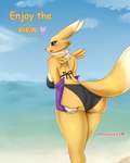 absurd_res anthro bandai_namco beach big_butt bikini blush bodily_fluids breasts butt butt_squish canid clothed clothing cloud digimon digimon_(species) female fluffy fluffy_tail hi_res holaxes mammal partially_clothed pose rear_view renamon seaside solo squish sweat swimwear tail text