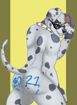 anthro backsack balls butt collar collar_only eyewear eyewear_only genitals glasses looking_at_viewer male nude solo sunglasses sunglasses_only year slushee. chance_(furrywolfnate) canid canine canis dalmatian domestic_dog mammal hi_res