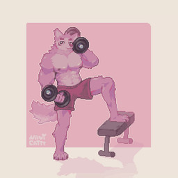 anthro barbell bench big_muscles bottomwear claws clothed clothing exercise fur looking_at_viewer male male_anthro muscular muscular_anthro muscular_male nipples one_leg_on_ground one_leg_up pants pink_body pink_bottomwear pink_clothing pink_fur pink_nipples pink_nose pink_pants raised_leg simple_background smile solo standing tail toe_claws topless topless_anthro topless_male weightlifting weights workout navicattt leo_(furandjam) canid canine canis goo_creature mammal wolf 1:1 2025 colored digital_drawing_(artwork) digital_media_(artwork) hi_res pink_theme pixel_(artwork)