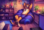 anthro bean_bag bottomwear cactus clothing electronics eyes_closed headphones inside lamp lava_lamp listening_to_music male pawpads pillow plant poster reclining shorts sitting smile solo tail tail_tuft tuft vinyl_record window tazara dexterlion felid lion mammal pantherine