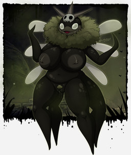 anthro areola big_breasts breasts crossgender empty_eyes female fingers genitals insect_wings multi_leg multi_limb navel neck_tuft nipples non-mammal_breasts non-mammal_navel non-mammal_nipples non-mammal_vulva nude open_mouth pubes solo text tongue tuft vulva wings latiar hollow_knight:_silksong hollow_knight_(franchise) team_cherry groal_the_great arthropod 2026 english_text hi_res signature