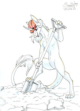 armor dirt equis_universe female feral headgear helmet hole_(pit) humor road shovel solo tools sunny_way ki'rinaes 2021 hi_res sketch traditional_media_(artwork)