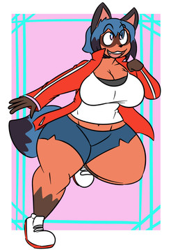 anthro big_breasts bottomwear breasts clothed clothing female huge_thighs jacket looking_up shirt shorts smile solo tank_top thick_thighs topwear wide_hips kingretrokirby brand_new_animal studio_trigger michiru_kagemori canid canine mammal raccoon_dog tanuki absurd_res hi_res