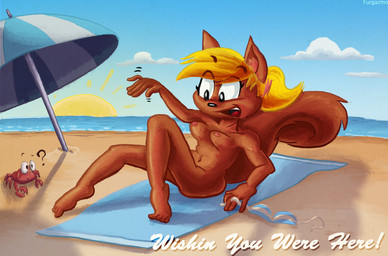 ambiguous_gender anthro anthro_focus areola beach bikini blonde_hair blue_sky breasts brown_body brown_fur clothing cloud day detailed_background duo feet female female_anthro female_focus feral fur hair humanoid_feet humanoid_hands navel nipples nude on_towel outside plantigrade pose question_mark sand seaside sitting sky solo_focus sun swimwear text towel two-piece_swimsuit water white_text bun_butts aquatic arthropod crab crustacean decapod malacostracan mammal rodent sciurid tree_squirrel digital_media_(artwork) digital_painting_(artwork) english_text painting_(artwork) pinup