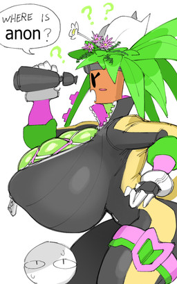 accessory big_breasts binoculars black_eyes blush blush_stickers bodily_fluids breasts cleavage clothed clothing duo eyelashes eyewear eyewear_on_head female flower flower_in_hair for_a_head gloves goggles goggles_on_head green_hair hair hair_accessory hand_on_hip handwear huge_breasts humor leaf leaf_hair male mouthless nipple_outline noseless open_mouth plant plant_hair plant_pot potted_plant pseudo_hair simple_background simple_eyes simple_face speech_bubble sweat sweatdrop text thick_thighs tracksuit white_background white_clothing white_gloves white_handwear zipper goatboydraws blaster_master anon kanna_(blaster_master) elemental_creature flora_fauna humanoid object_head english_text hi_res meme