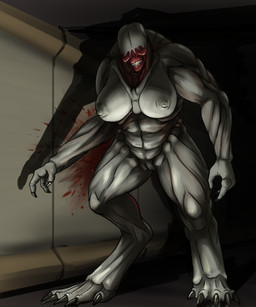 3_fingers anterior_nasal_aperture big_breasts blood blood_splatter bodily_fluids breasts claws dark eyeless female fingers genitals grey_body grey_nipples grey_skin looking_at_viewer muscular muscular_female muscular_humanoid nipples shadow solo standing vulva oniontrain doom_(series) id_software microsoft demon demon_humanoid hell_knight humanoid hi_res shaded