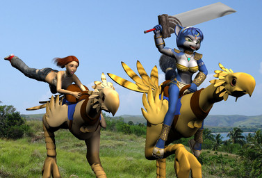 anthro bandeau black_nose blue_body blue_fur blue_hair bottomwear brown_hair buster_sword clothing denim denim_bottomwear denim_clothing duo fangs feathers female feral footwear fur green_eyes hair holding_object holding_weapon jeans jewelry light_body light_skin loincloth melee_weapon necklace open_mouth outside pants photo_background riding sandals shoes shoulder_pads sleeveless_shirt sword teeth topwear weapon yellow_body yellow_feathers daymond42 charleyfox_(modeler) final_fantasy final_fantasy_vii nintendo square_enix star_fox krystal_(charleyfox) krystal_(star_fox) miyuna_(daymond42) avian canid canine chocobo fox human mammal 2008 3d_(artwork) crossover digital_media_(artwork) mixed_media photography_(artwork)