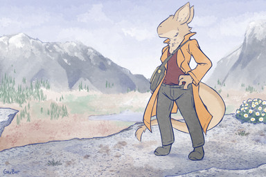 3_fingers anthro big_ears blind clothed clothing coat detailed_background disability eyeless feet female fingers fluffy footwear fur messenger_bag mountain mouth_closed outside paws plant sky solo tail tan_body tan_fur topwear tuft gavbat echo_(tamun) aurunin 3:2 digital_media_(artwork)