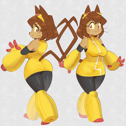 3_toes 4_fingers anthro bare_shoulders big_breasts big_butt big_eyes biped black_clothing black_leggings black_legwear black_nose black_whiskers breasts brown_ears brown_eyebrows brown_hair brown_tail butt closed_smile clothed clothed_anthro clothed_female clothing crooked_tail dress eyebrow_through_hair eyebrows eyelashes eyewear eyewear_on_head fangs feet female fingers fully_clothed fully_clothed_anthro fully_clothed_female fur glistening glistening_clothing glistening_eyes glistening_hair glistening_leggings glistening_legwear goggles goggles_on_head grey_background hair head_turned iris leggings legwear light_body light_fur light_hair long_eyelashes long_tail long_whiskers looking_at_viewer looking_back looking_back_at_viewer monotone_body monotone_fur monotone_hair monotone_tail mouth_closed multicolored_clothing multicolored_dress no_pupils pink_eyes pointy_ears prick_ears pupils short_hair simple_background small_pupils smile smiling_at_viewer snout solo spiky_hair tail tan_body tan_fur teeth textured_background thick_eyebrows thick_thighs three-quarter_view toes translucent translucent_hair two_tone_clothing two_tone_dress unusual_eyes walking whiskers yellow_eyewear yellow_goggles yellow_sclera cutegraphite gameoverse glitch_productions kit_bodega domestic_cat felid feline felis mammal 1:1 2026 digital_drawing_(artwork) digital_media_(artwork) hi_res