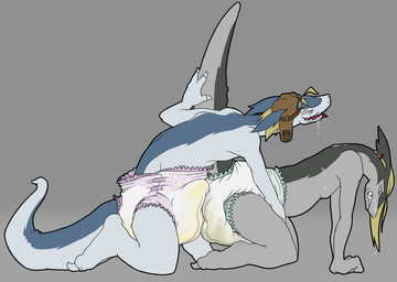 anthro biped black_body blonde_hair blue_body bodily_fluids claws clothed clothing crying diaper diaper_humping diaper_only drooling duo ear_piercing ear_ring genital_fluids grey_background grey_body hair headgear headwear long_tail male male/male piercing pink_diaper ring_piercing sagging_diaper saliva sharp_teeth simple_background soiled_diaper tail tears teeth tongue tongue_out topless unclean_diaper urine used_diaper wearing_diaper wet_diaper crackajackin legendz mythology ranshiin shiron dragon mythological_creature mythological_scalie scalie 2011 digital_media_(artwork)