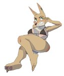 annoyed anthro big_breasts blush breasts brown_body clothing feet female paws solo swimwear thick_thighs under_boob wide_hips snachsugar canid canine mammal absurd_res hi_res