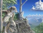 4_toes amazing_background anthro athletic biped breasts brown_body brown_fur canid canine canis claws cliff cloud detailed detailed_background digital_media_(artwork) digitigrade duo feet female forest fur grey_body grey_fur hand_behind_back jewelry key kneeling looking_away male mammal mountain multicolored_body multicolored_fur myenia mythological_canine mythological_creature mythology naturally_censored nature necklace nude outside pecs plant scenery scenery_porn scenic_view sky standing tail toes tree were werecanid werecanine werewolf werewolf_calendar white_body white_fur wolf wood yellow_eyes