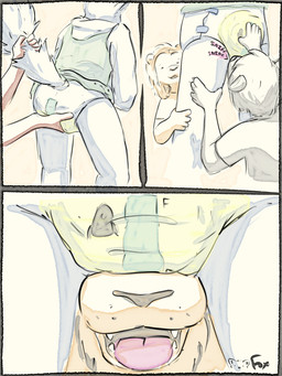 abdl ageplay anthro bent_legs bodily_fluids butt butt_grab clothed clothing diaper diaper_fetish diaper_on_face exposed_diaper fur genital_fluids hair hand_on_butt hand_on_diaper hand_on_leg hand_on_thigh housemates open_mouth peeing roleplay simple_background smile sniffing spreading squish tail tail_grab teeth tongue topwear touching_diaper touching_leg touching_thigh unclean_diaper urine used_diaper watersports wearing_diaper wet wet_diaper wetting dabblefox absurd_res comic digital_media_(artwork) hi_res