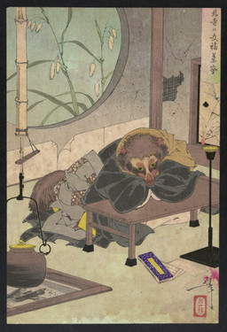 ambiguous_anthro ambiguous_gender anthro asian_clothing book brown_body brown_fur clothed clothed_ambiguous clothed_anthro clothing detailed_background east_asian_clothing fur furniture inside japanese_clothing kettle lamp leaning leaning_forward leaning_on_table oil_lamp on_ground plant semi-anthro sitting sitting_on_ground solo table tail text whiskers window yellow_sclera tsukioka_yoshitoshi bunbuku_chagama public_domain canid canine mammal raccoon_dog tanuki 19th_century absurd_res ancient_art hi_res huge_filesize japanese_text traditional_media_(artwork) translation_request