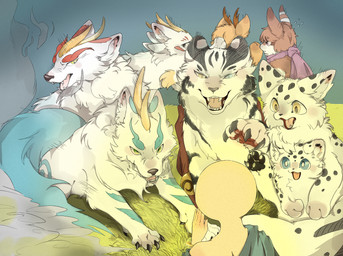 ambiguous_gender angry anthro black_body black_fur blue_body blue_eyes blue_fur brown_body brown_fur cheek_tuft chest_tuft claws covering covering_face detailed_background facial_tuft fangs feral fluffy fluffy_tail fur fur_markings grass green_eyes grin group horn inner_ear_fluff looking_at_another markings monk mostly_nude multicolored_body multicolored_fur neck_tuft pawpads paws plant red_body red_fur saddle scarf scarf_only size_difference smile tail teeth tuft two_tone_body two_tone_fur white_body white_fur yellow_eyes moumaoyibai asian_mythology chinese_mythology east_asian_mythology fabulous_beasts fenz_(studio) mythology bixie_(fabulous_beasts) hetao_(fabulous_beasts) jiazhutao_(fabulous_beasts) sibuxiang_the_deer_(fabulous_beasts) sibuxiang_the_kirin_(fabulous_beasts) tianlu_(fabulous_beasts) tuye_(fabulous_beasts) zhanhu_(fabulous_beasts) deer deity dragon felid feline felis human kirin lagomorph mammal mengji moon_rabbit mythological_creature mythological_scalie pantherine pixiu scalie snow_leopard colored hi_res brother_(lore) brothers_(lore) sibling_(lore)