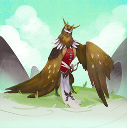ambiguous_gender beak brown_body brown_feathers clothing cloud feathered_wings feathers feet grass looking_at_viewer melee_weapon plant standing sword talons toes weapon wings jeffchendesigns avian bird owl 2018 absurd_res hi_res