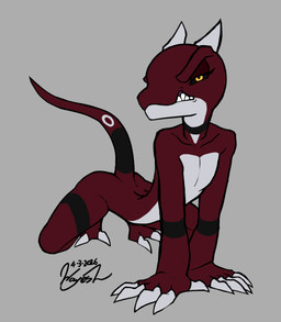 aged_down all_fours anthro arched_back black_sclera claws eyelashes featureless_chest grumpy horn male multicolored_body nude_anthro nude_male red_body sharp_teeth snarling solo tail teeth two_tone_body white_body yellow_eyes young young_male wayesh fairuz_(wayesh) demon lizard monitor_lizard reptile scalie hi_res signature andromorph_(lore)